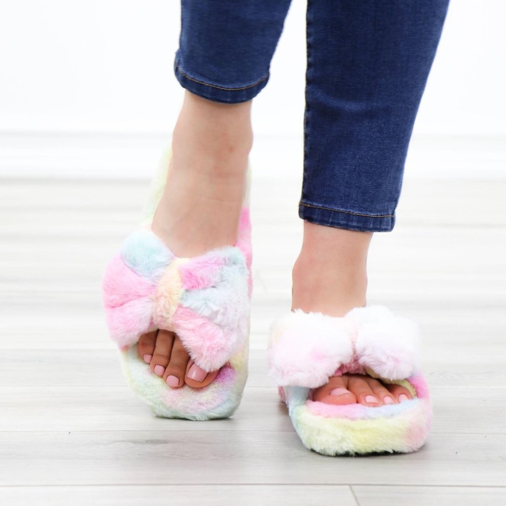Bow Tie Plush Slip On Tie Dye Slippers - Picture 12 of 16